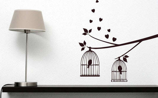 Wall Stickers Vinyl Decal Branch of Bird Caged Love Romance Heart (n260)