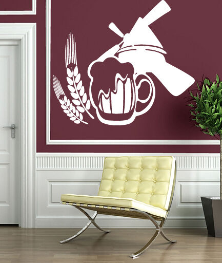 Autocollant mural en vinyle avec oreilles de tasse, décor de moulin à mousse de bière de houblon pour café (n286)