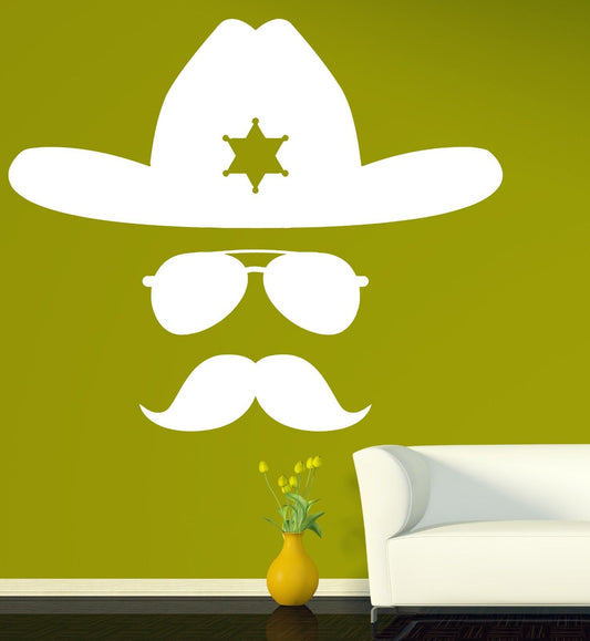 Wall Vinyl Sticker Decal Abstract Sheriff Hat Glasses Mustache Cop Image (n305)