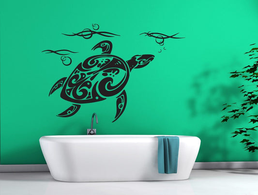 Wall Sticker Sea Turtle Carapace Head Sea Waves Vinyl Decal (n338)