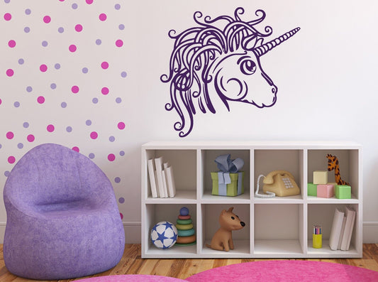 Wall Vinyl Sticker Animation Cute Unicorn Head Muzzle Luxurious Mane (n362)