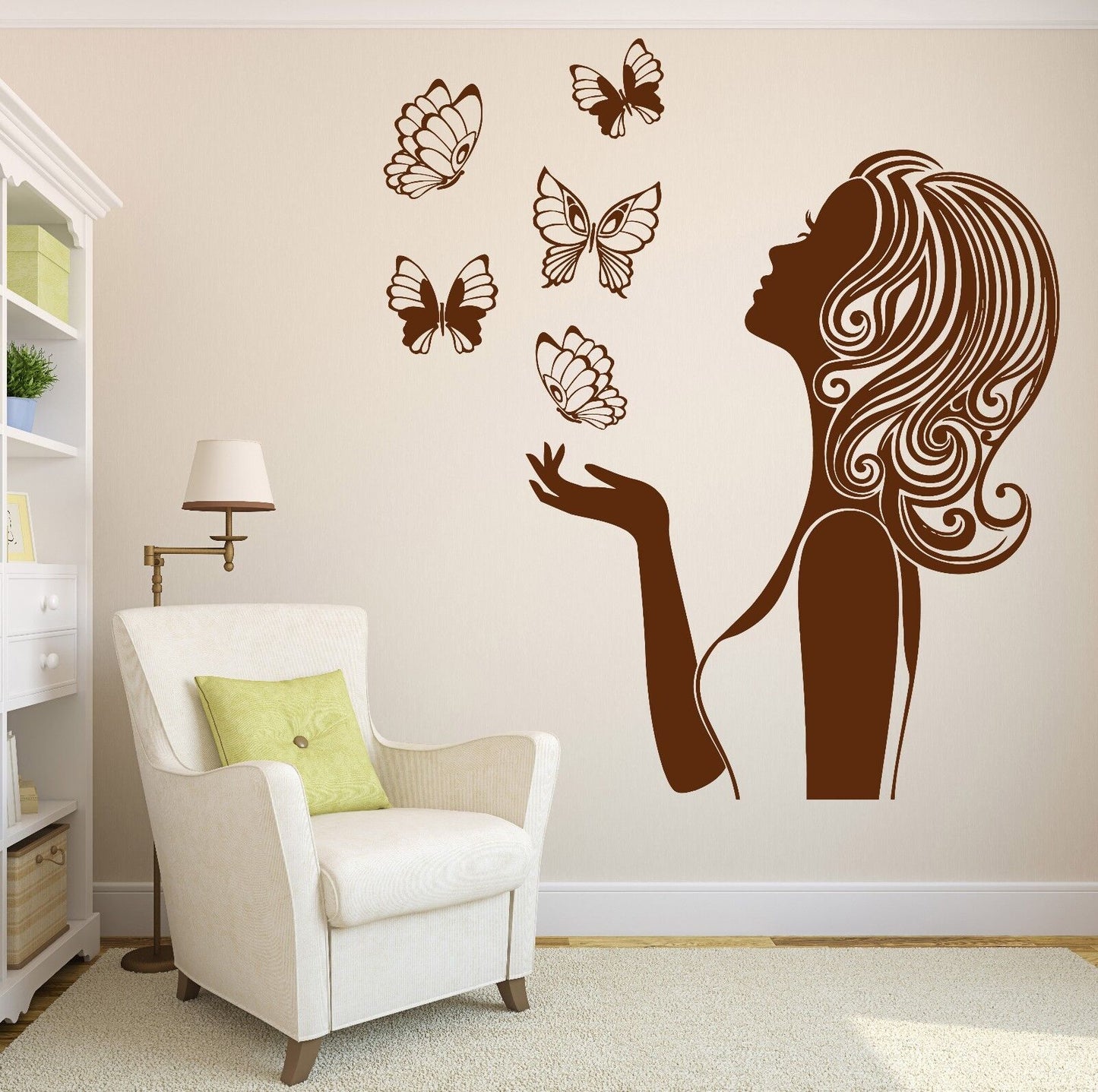 Autocollant mural en vinyle, belle fille, Silhouette, papillon, beauté inspirée (n401)