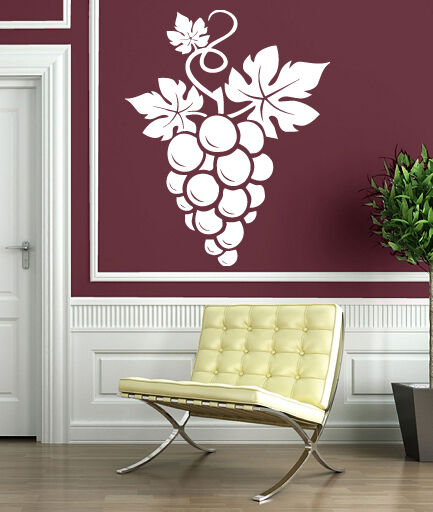 Autocollant mural en vinyle, grappe de raisin, baies, grandes feuilles sculptées (n416)