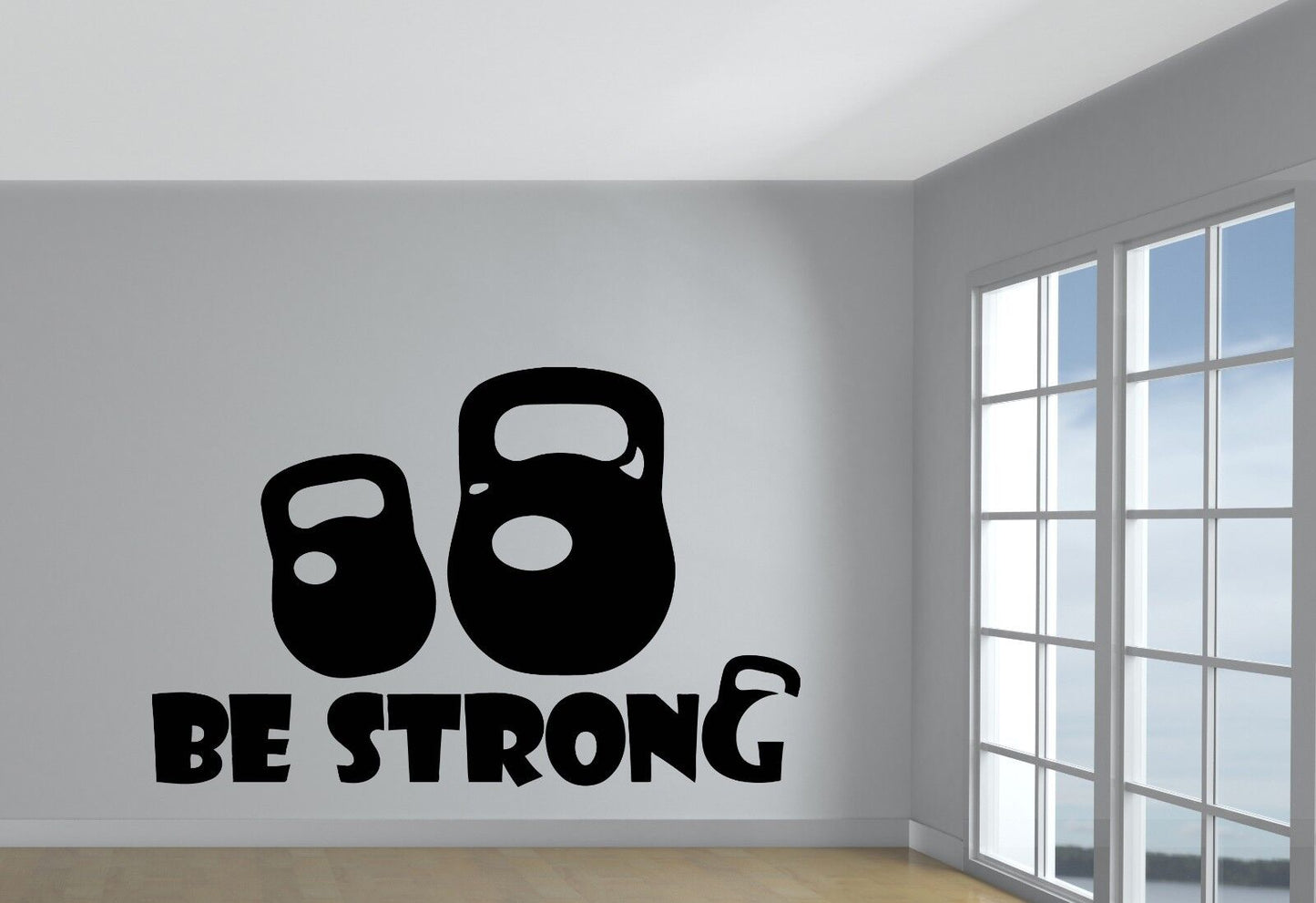 Wandaufkleber, Vinyl, „Be Strong“, Sport, Kraft, Gewichte, Muscheln (n439)