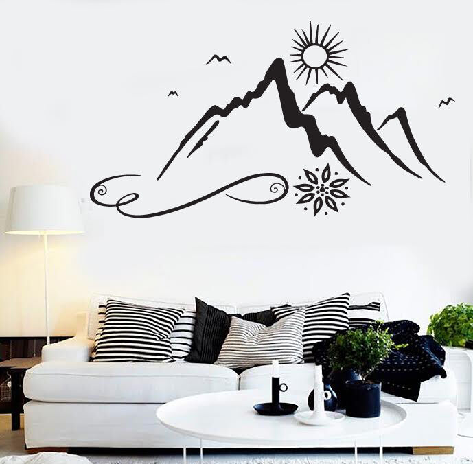 Autocollant mural en vinyle avec beau paysage naturel, pics de montagne, soleil (n506)