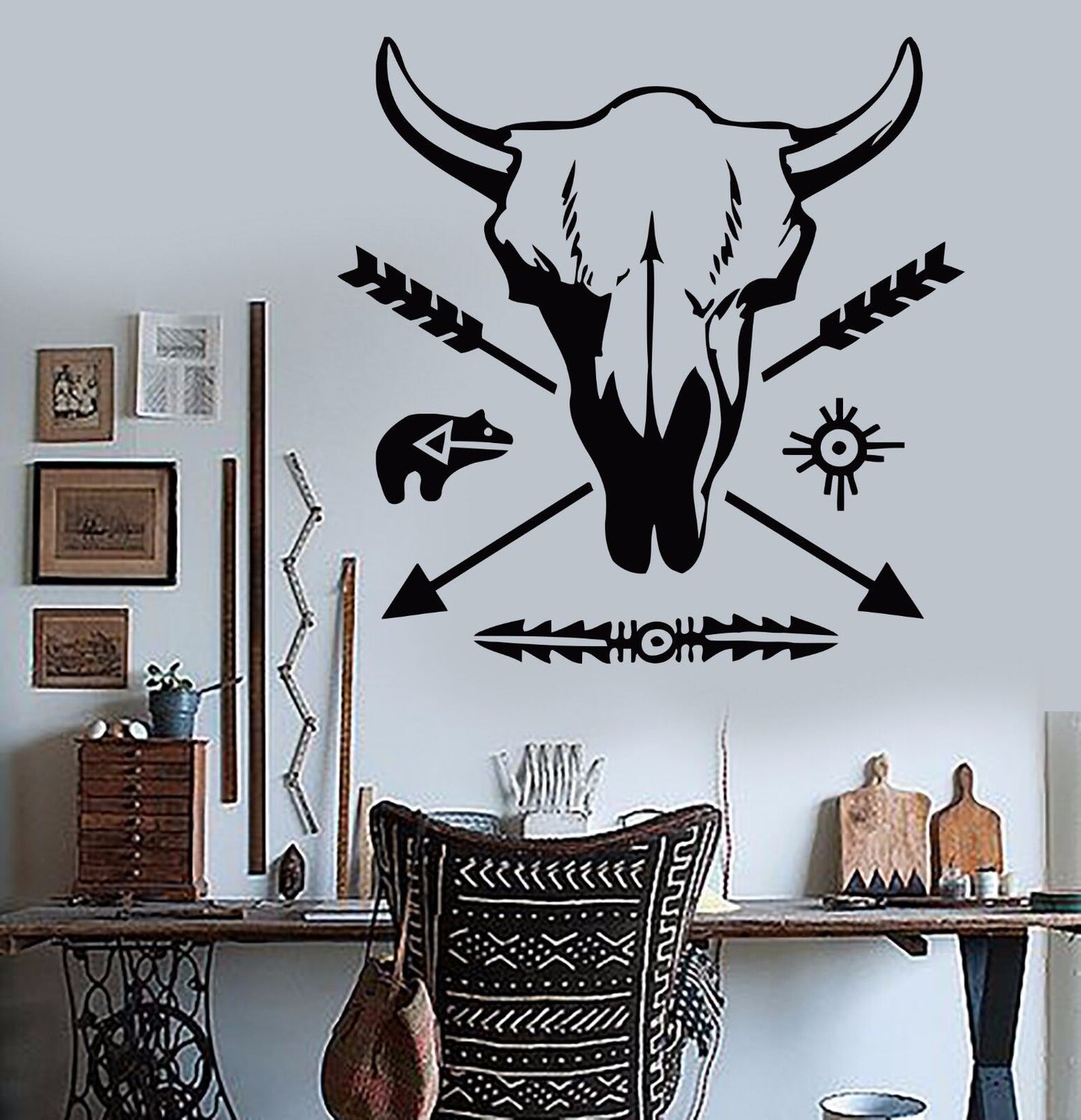 Vinyl Wall Stickers Ethnic Decor Pattern Bull Skull Arrow Decal Mural (176ig)