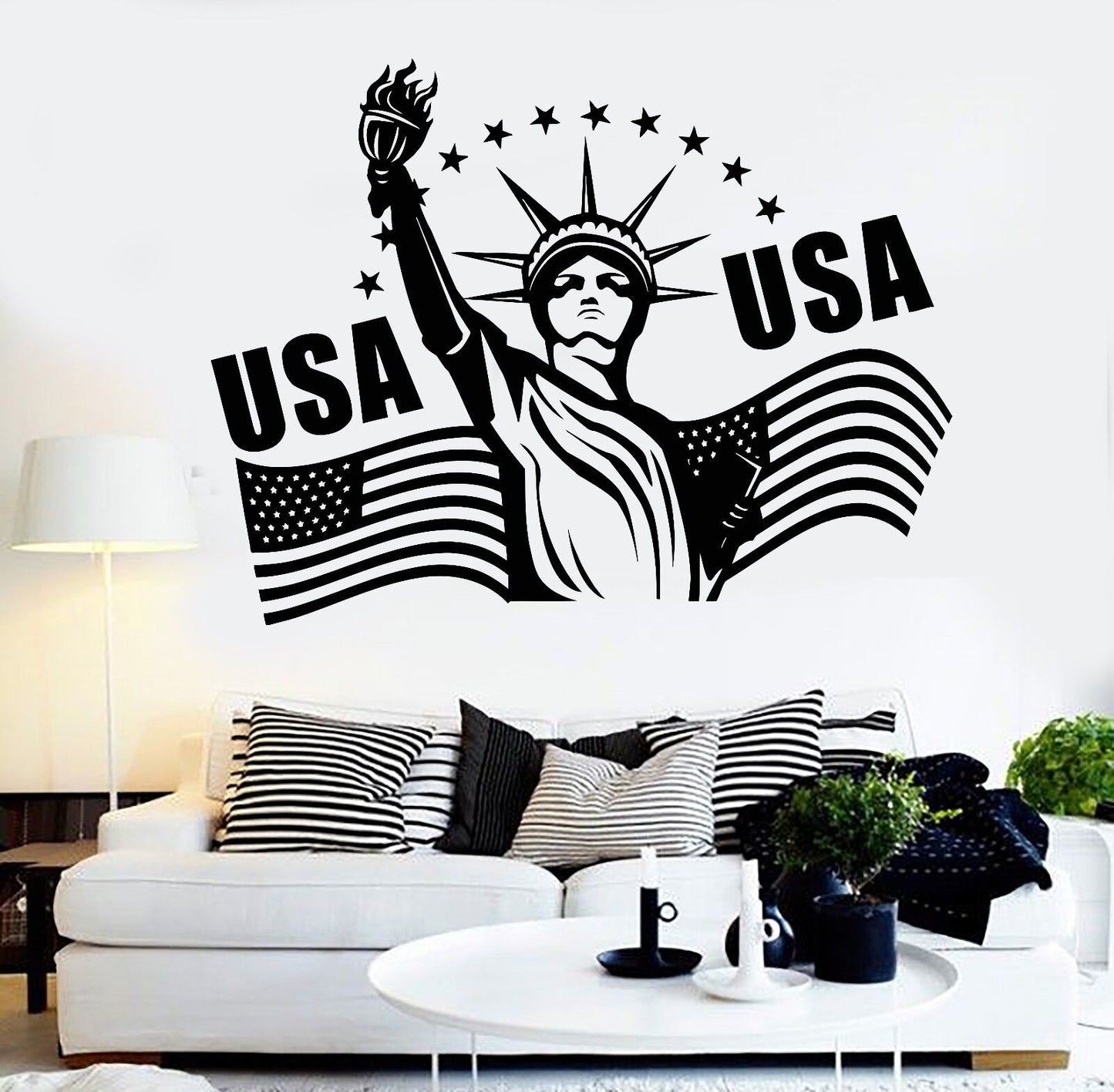 Vinyl Wall Decal Statue of Liberty USA American Flag Stickers (283ig)