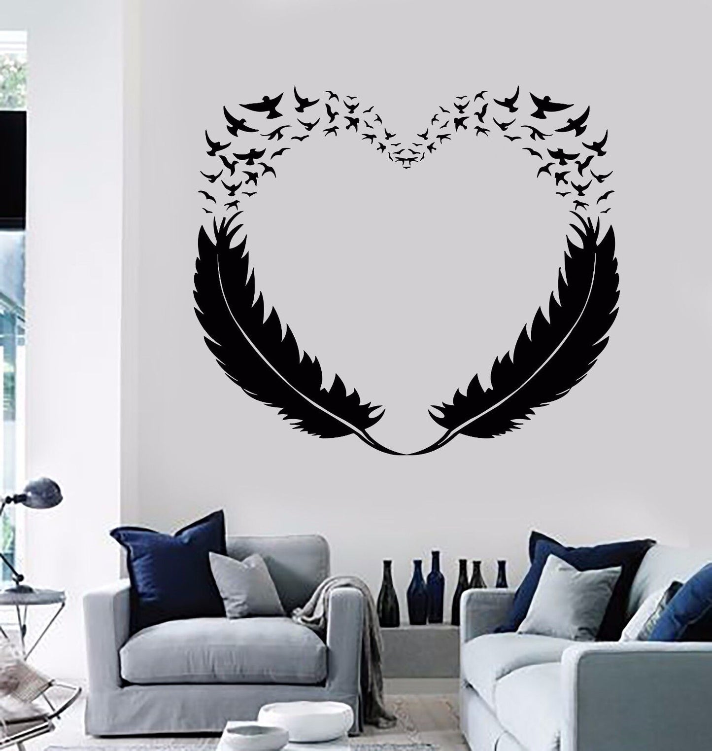 Vinyl Wall Decal Feathers Heart Decor Love Birds Romantic Stickers (299ig)