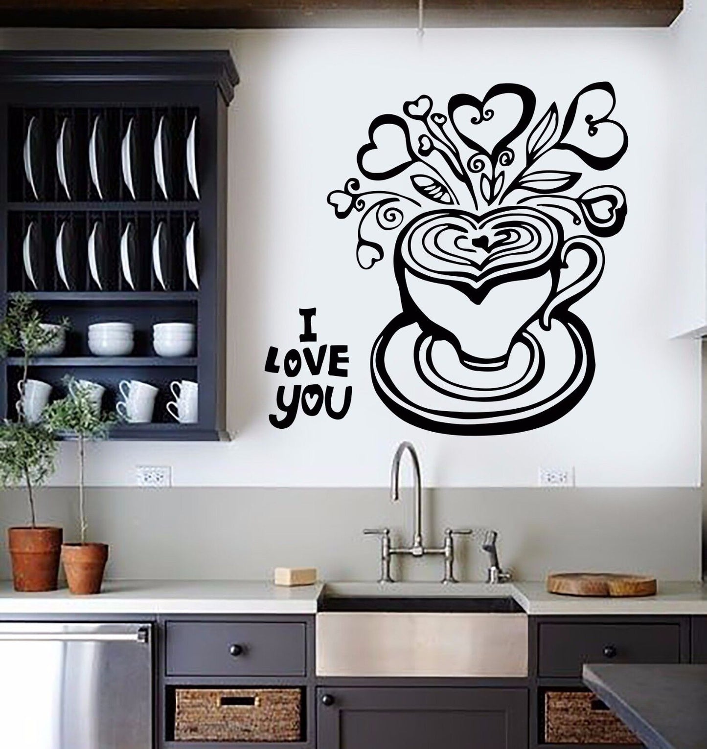 Autocollant mural en vinyle, tasse de café, thé, décor de cuisine, autocollants romantiques (353ig)