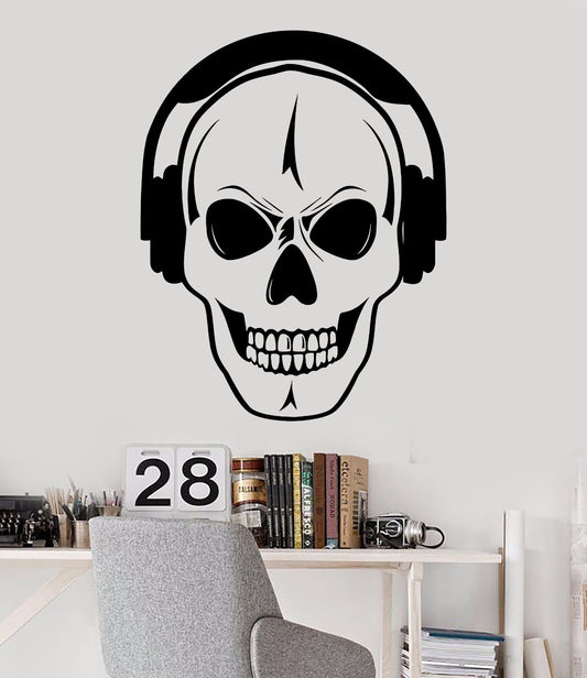 Autocollant mural en vinyle avec tête de mort, casque d'écoute, musique DJ, décoration de chambre d'adolescent (354ig)