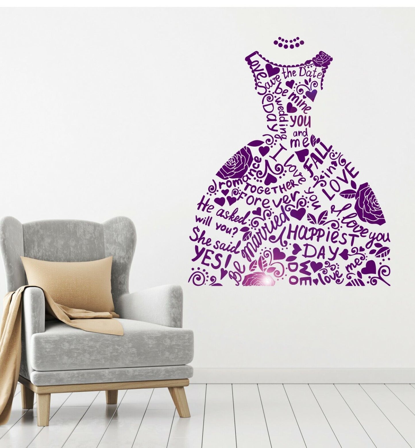 Vinyl Wall Decal Wedding Dress Bridal Shop Marriage Fashion Stickers (363ig)