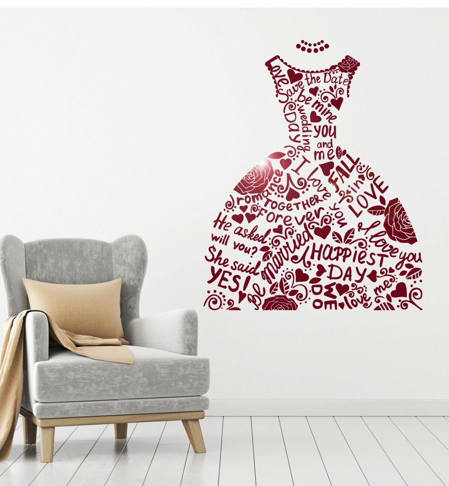 Vinyl Wall Decal Wedding Dress Bridal Shop Marriage Fashion Stickers (363ig)