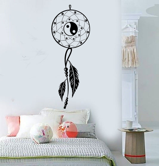 Autocollant mural en vinyle attrape-rêves chambre à coucher, autocollants plumes Yin Yang (400ig)