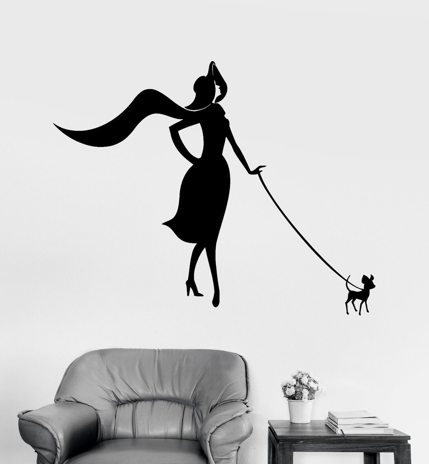 Autocollant mural en vinyle pour femme avec chien, Style tendance, beauté, femme (415ig)