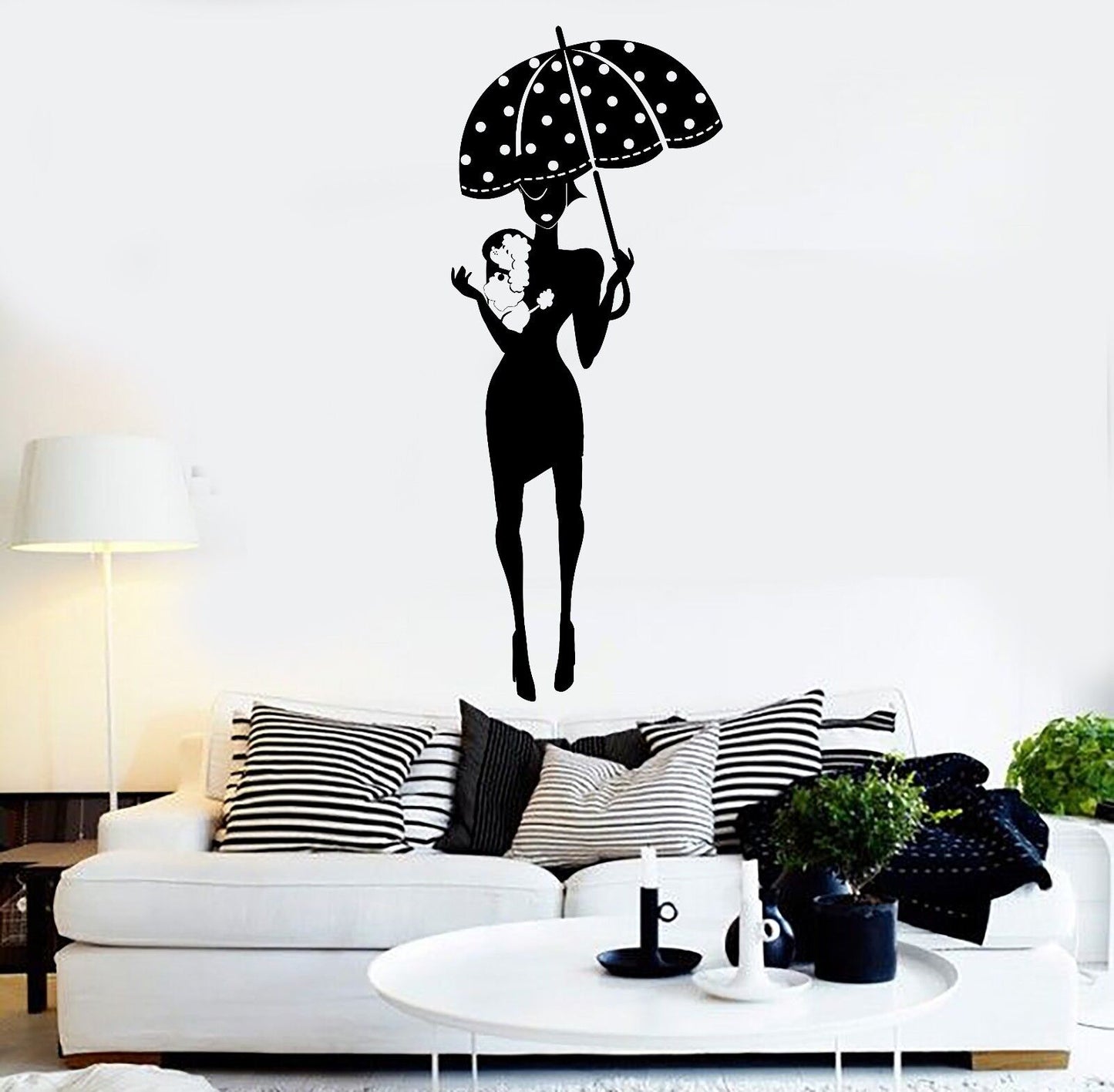 Autocollant mural en vinyle pour Salon de beauté, style parapluie, dame, chien, mode (419ig)