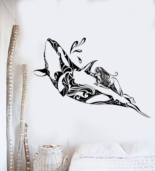 Autocollant mural en vinyle, motif baleine fille océan mer, autocollants d'art marin (440ig)