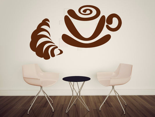 Vinyle décalcomanie petit déjeuner tasse à café thé croissant chignon autocollant mural (n599)