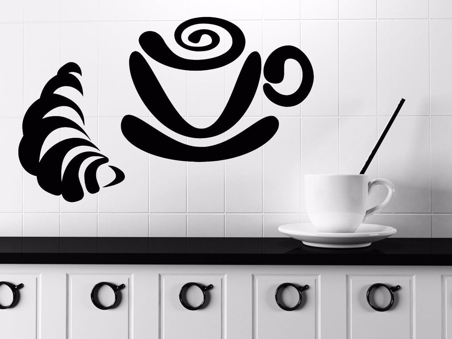 Vinyl Decal breakfast coffee cup tea croissant bun Wall Sticker  (n599)