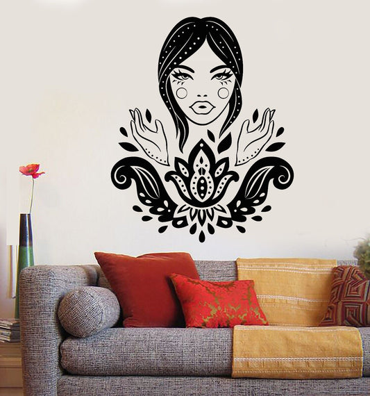 Vinyl Wall Decal Lotus Beautiful Woman Hindu Hinduism Stickers (712ig)