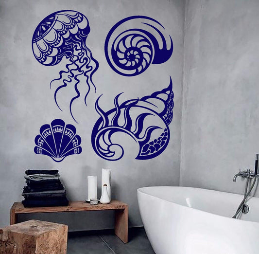 Vinyl Wall Decal Shells Marine Style Bathroom Design Jellyfish Stickers (787ig)