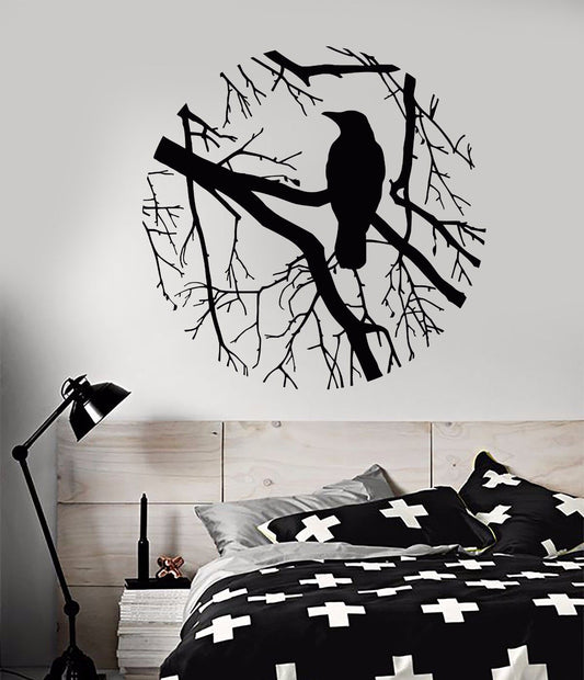 Wandtattoo, Vinyl, Vogel, Zweig, Krähe, Gothic-Stil, Schlafzimmer, Design-Aufkleber (801ig)