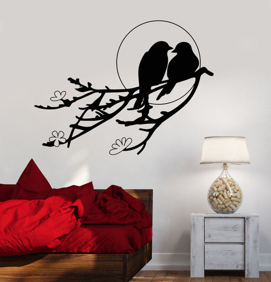 Autocollant mural en vinyle, deux oiseaux, coucher de soleil, branche d'arbre, fleurs romantiques (802ig)