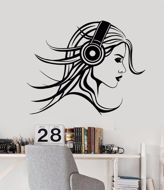 Autocollant mural en vinyle pour amoureux de musique, autocollants pour écouteurs de beauté fille (808ig)