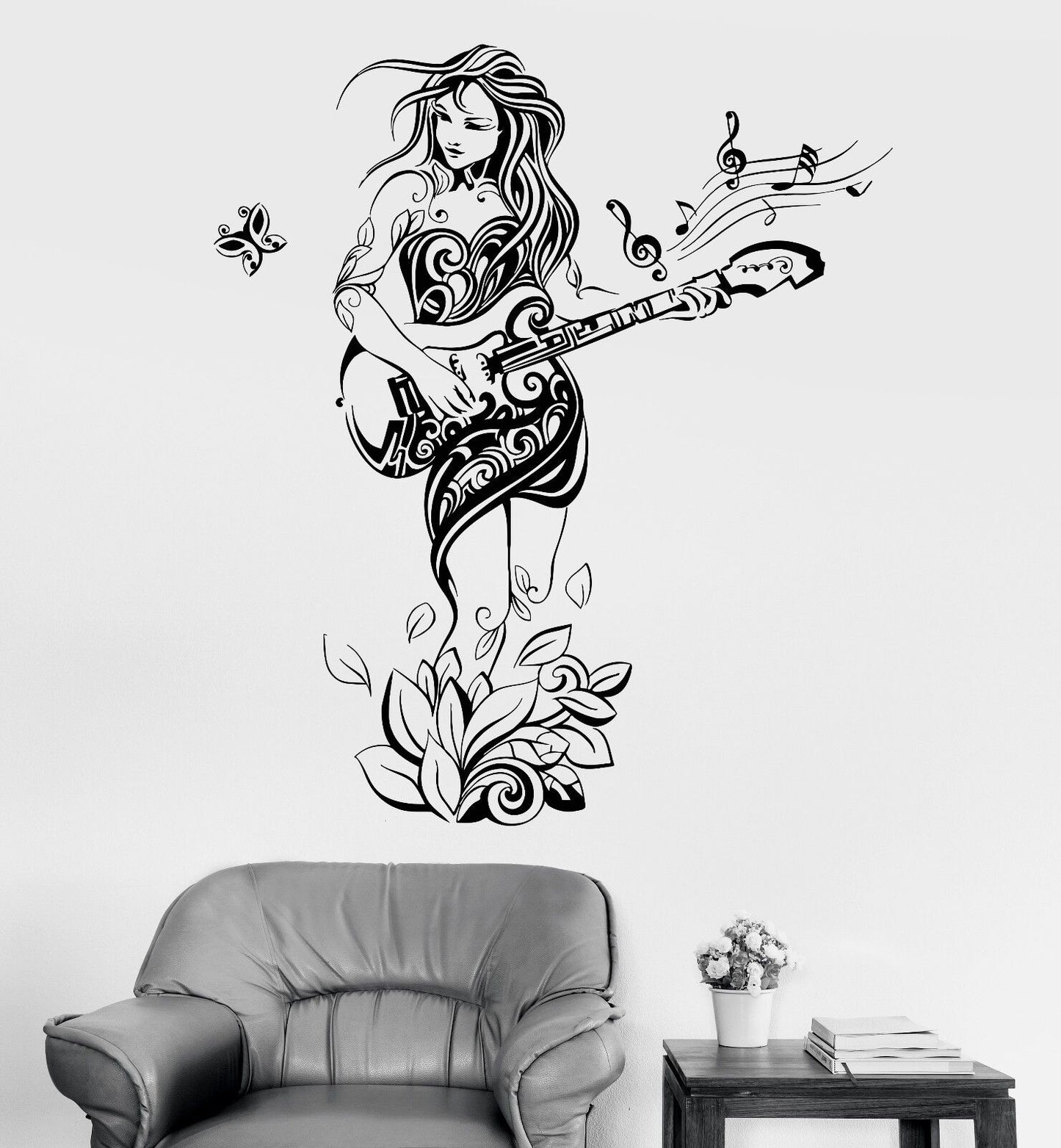 Wandtattoo Sexy Mädchen Musikerin Gitarre Hippie Natur Vinyl Aufkleber (852ig)