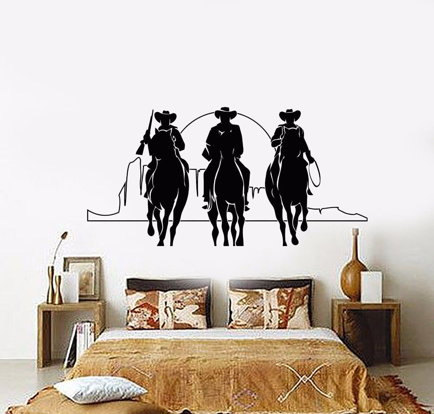 Autocollant mural en vinyle, Cowboys occidentaux, chevaux, coucher de soleil, cinéma, autocollants (901ig)