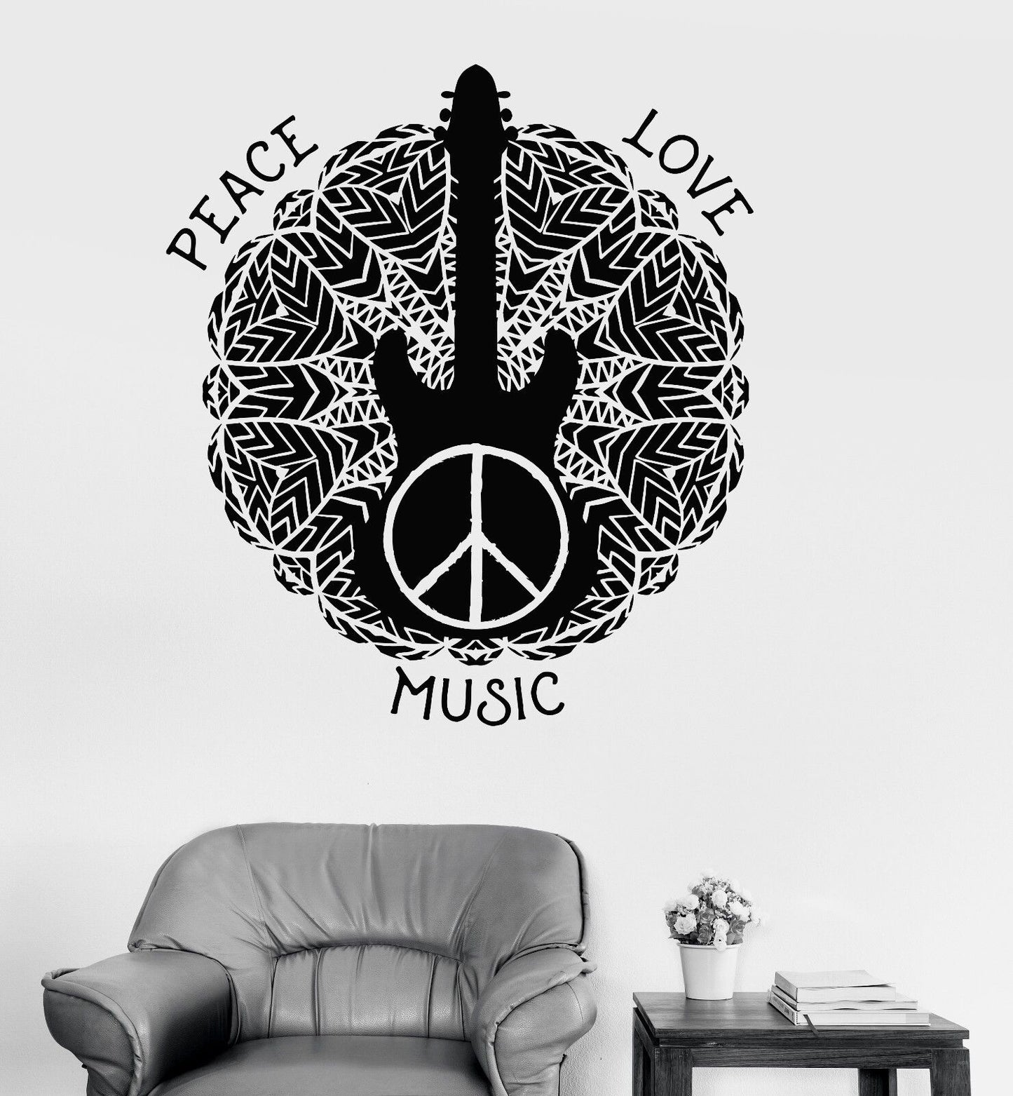 Wandaufkleber aus Vinyl, Hippie-Stil, Peace Love, Gitarrenmusik, Aufkleber (914ig)