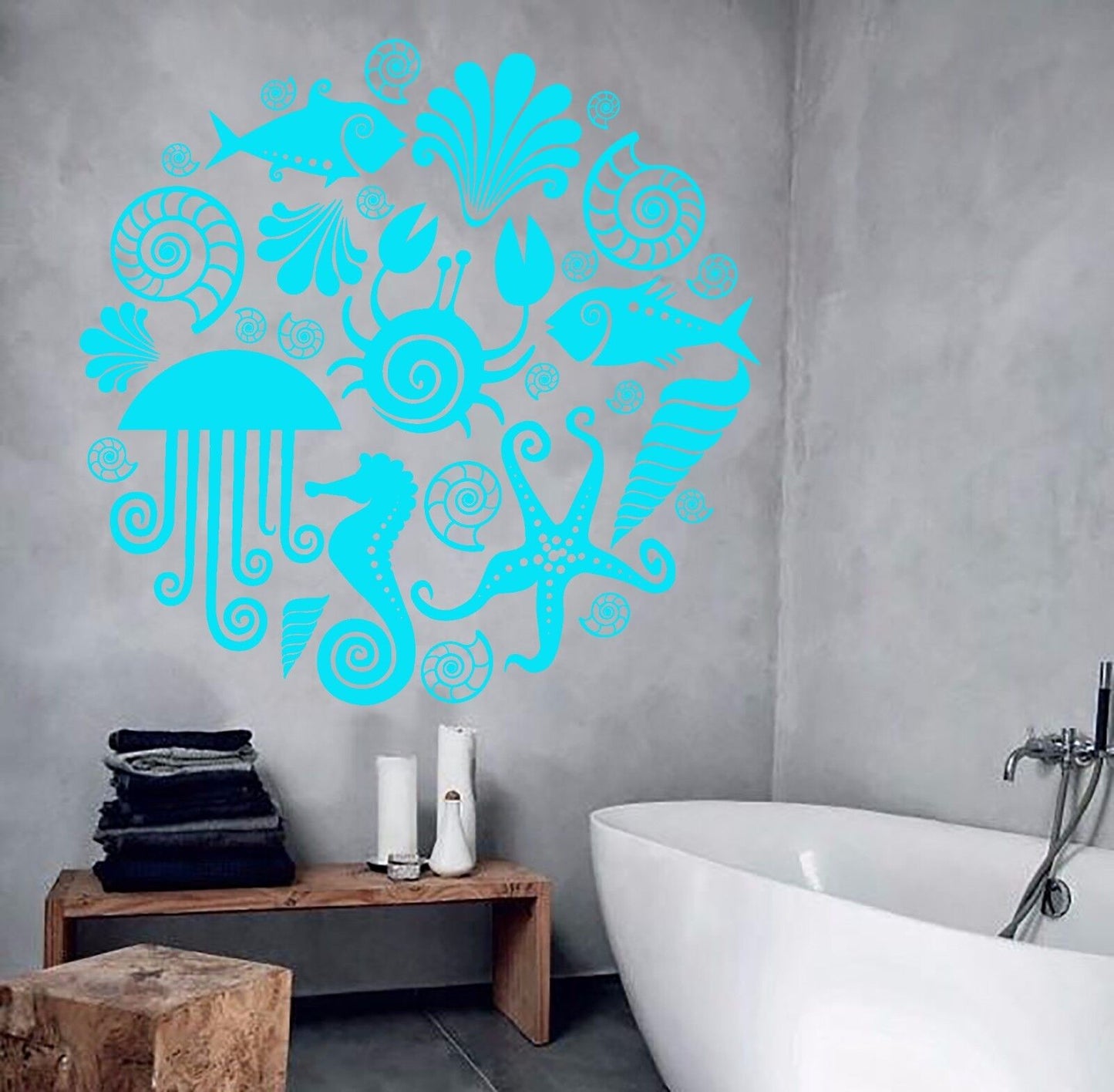 Vinyl Wall Decal Sea Animals Marine Style Ocean Bathroom Design Stickers (926ig)