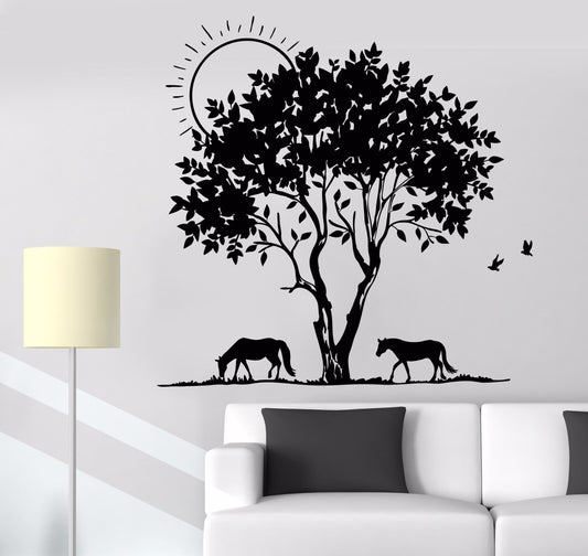 Vinyl Wall Decal Nature Tree Branches Family Beautiful Horses Stickers (943ig)