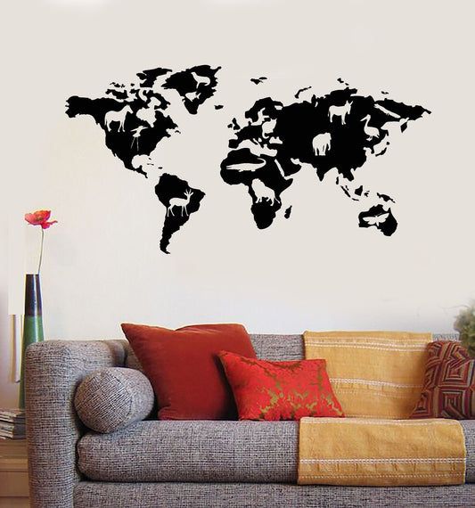 Vinyl Wall Decal World Map Animals Nature School Geography Stickers (945ig)