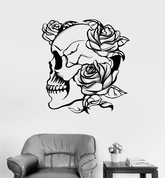 Autocollant mural en vinyle avec tête de mort et roses, style gothique, fleurs d'horreur (977ig)