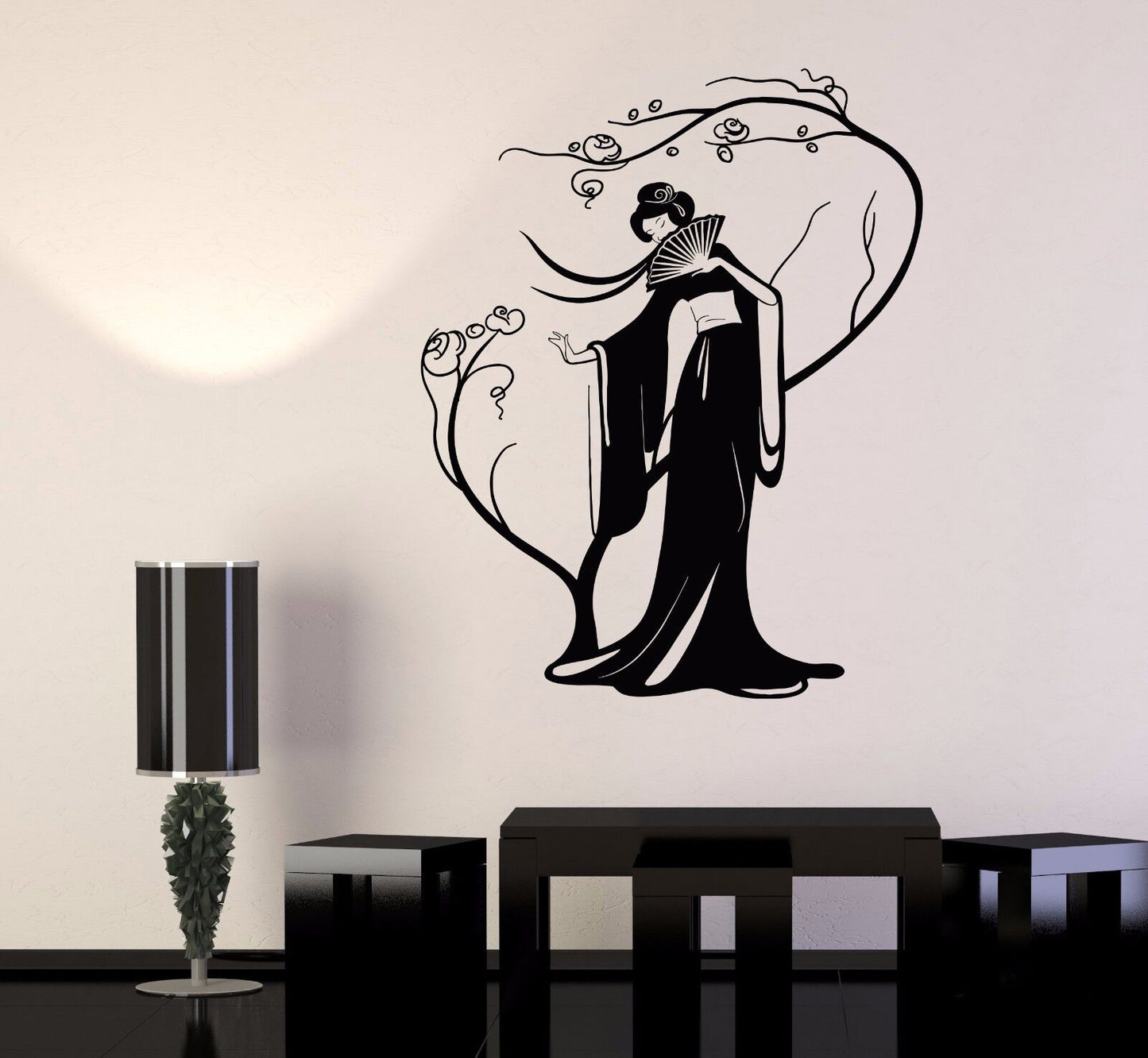 Vinyl Wall Decal Geisha Japanese Woman Fan Sakura Tree Stickers (979ig)