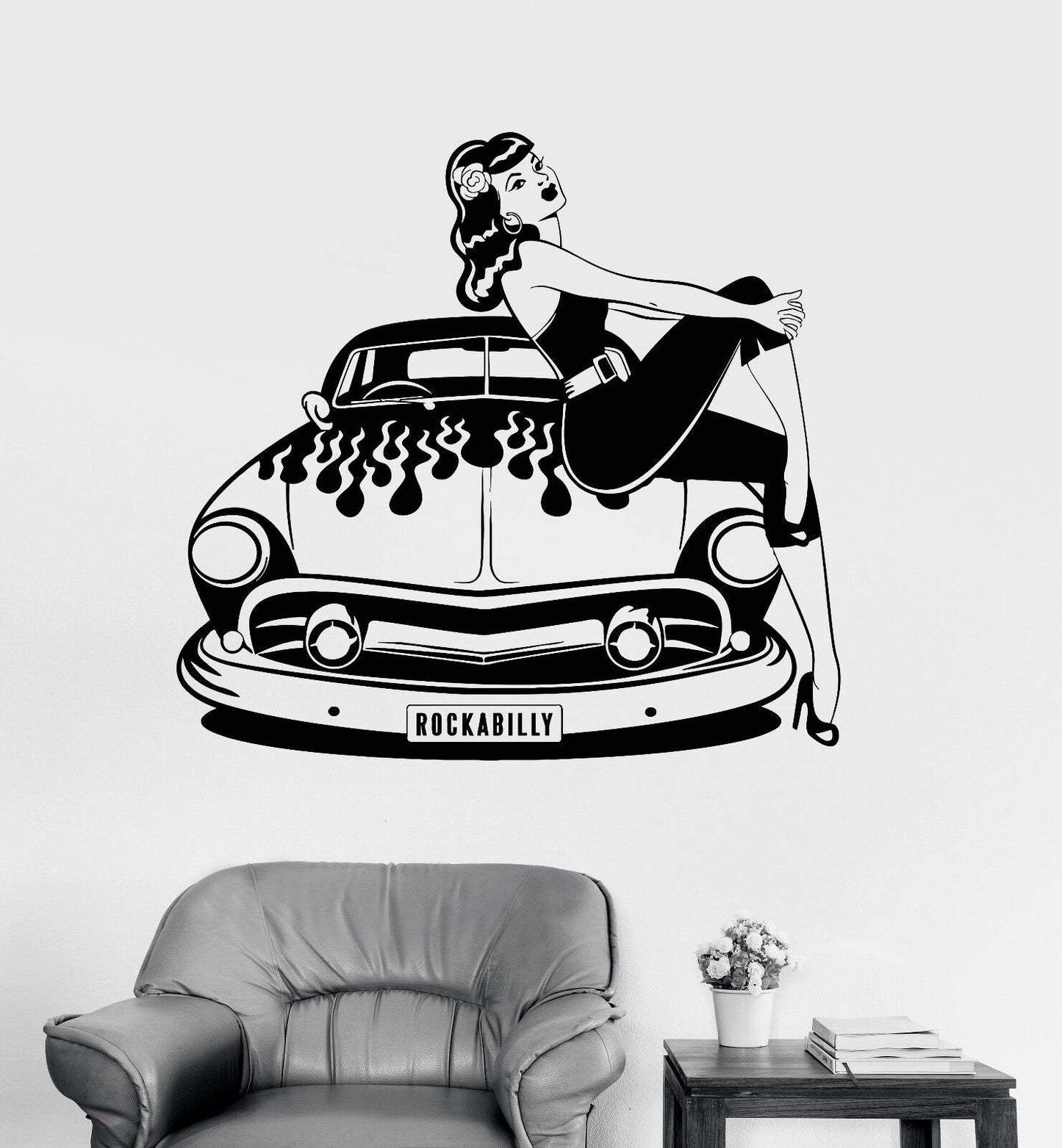 Vinyl Wall Decal Rockabilly Retro Car Sexy Girl Rock N Roll Lady Stickers 983ig