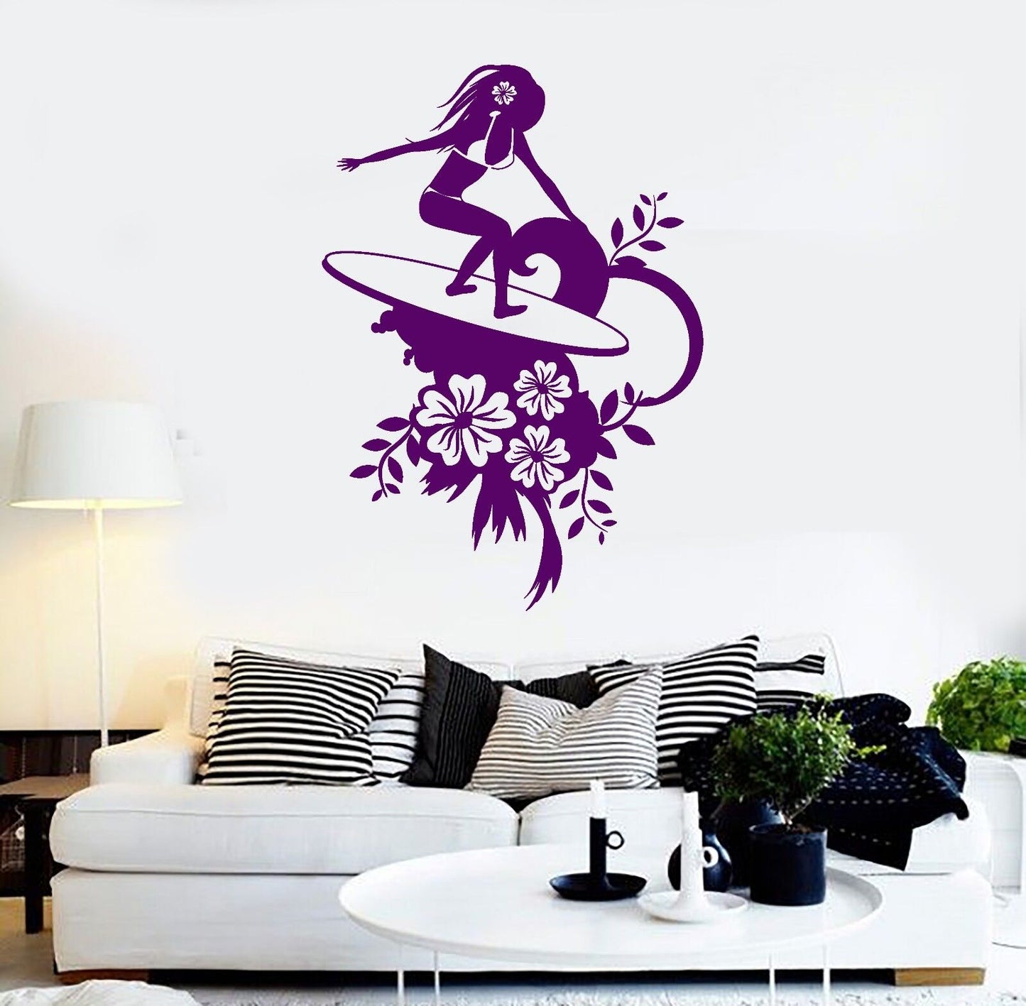 Vinyl Wall Decal Surfing Surfer Sexy Girl Water Sports Flowers Stickers (1002ig)