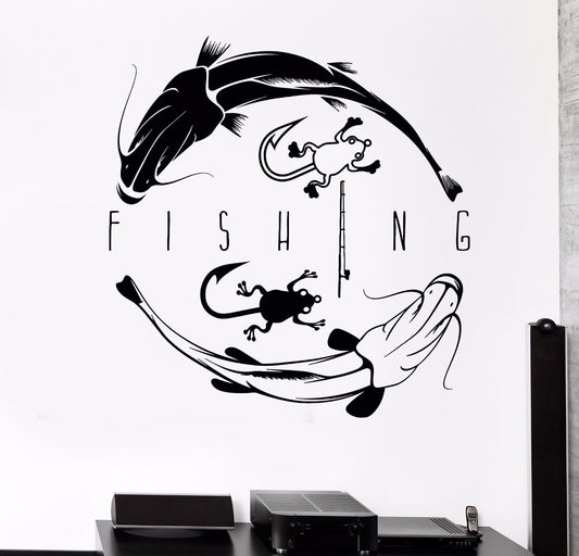 Autocollant mural en vinyle pour magasin de canne à pêche, autocollants de poisson de pêcheur de grenouille (1030ig)