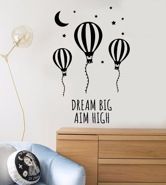 Autocollant mural en vinyle avec mots de motivation, ballon à air, lune et étoiles (1034ig)