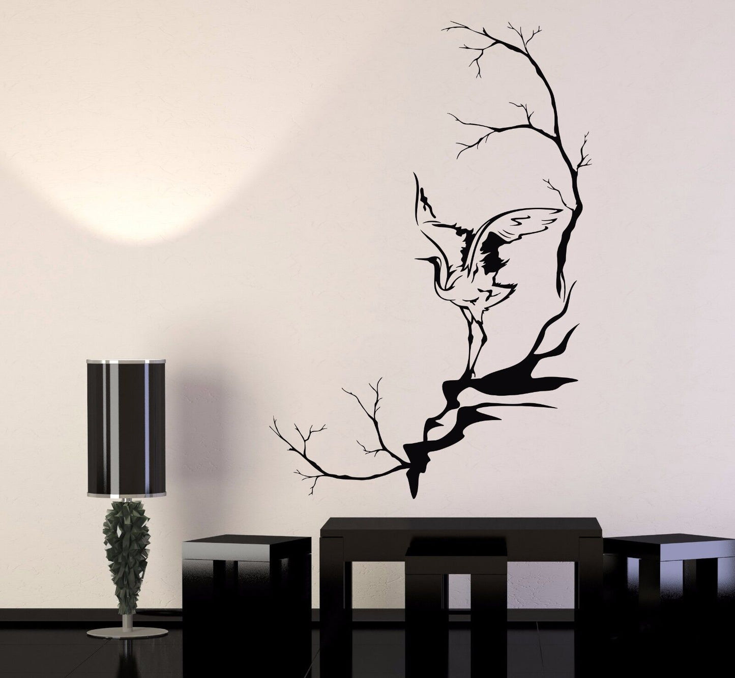 Vinyl Wall Decal Heron Bird Tree Branches Asian Style Stickers (1088ig)