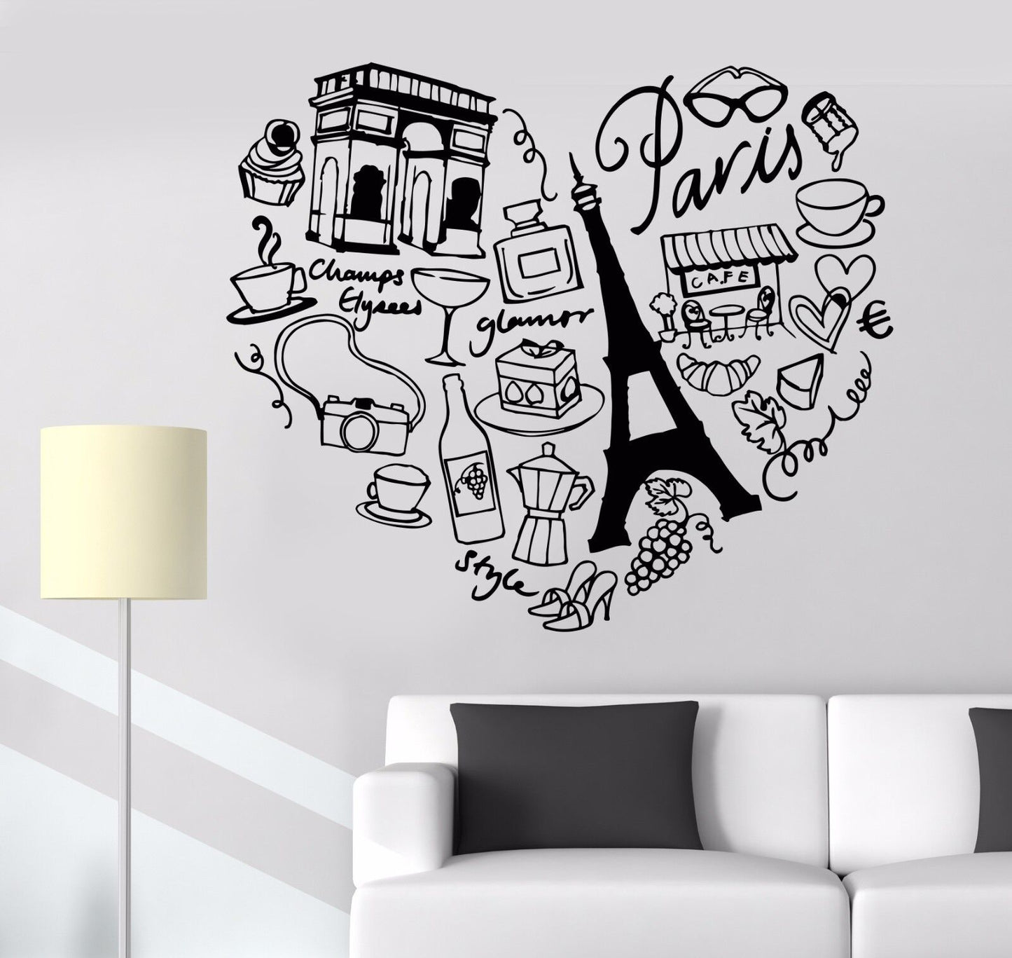 Autocollant mural en vinyle Paris France coeur tour Eiffel amour Romance autocollants (1144ig)