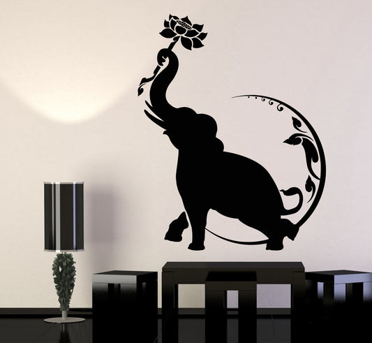 Vinyl Wall Decal India Elephant Lotus Flower Moon Buddhism Stickers (1171ig)