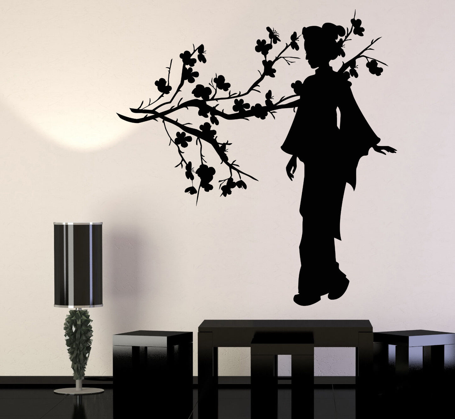 Autocollant mural en vinyle Geisha, fille japonaise, branche d'arbre Sakura, autocollants japonais (1176ig)