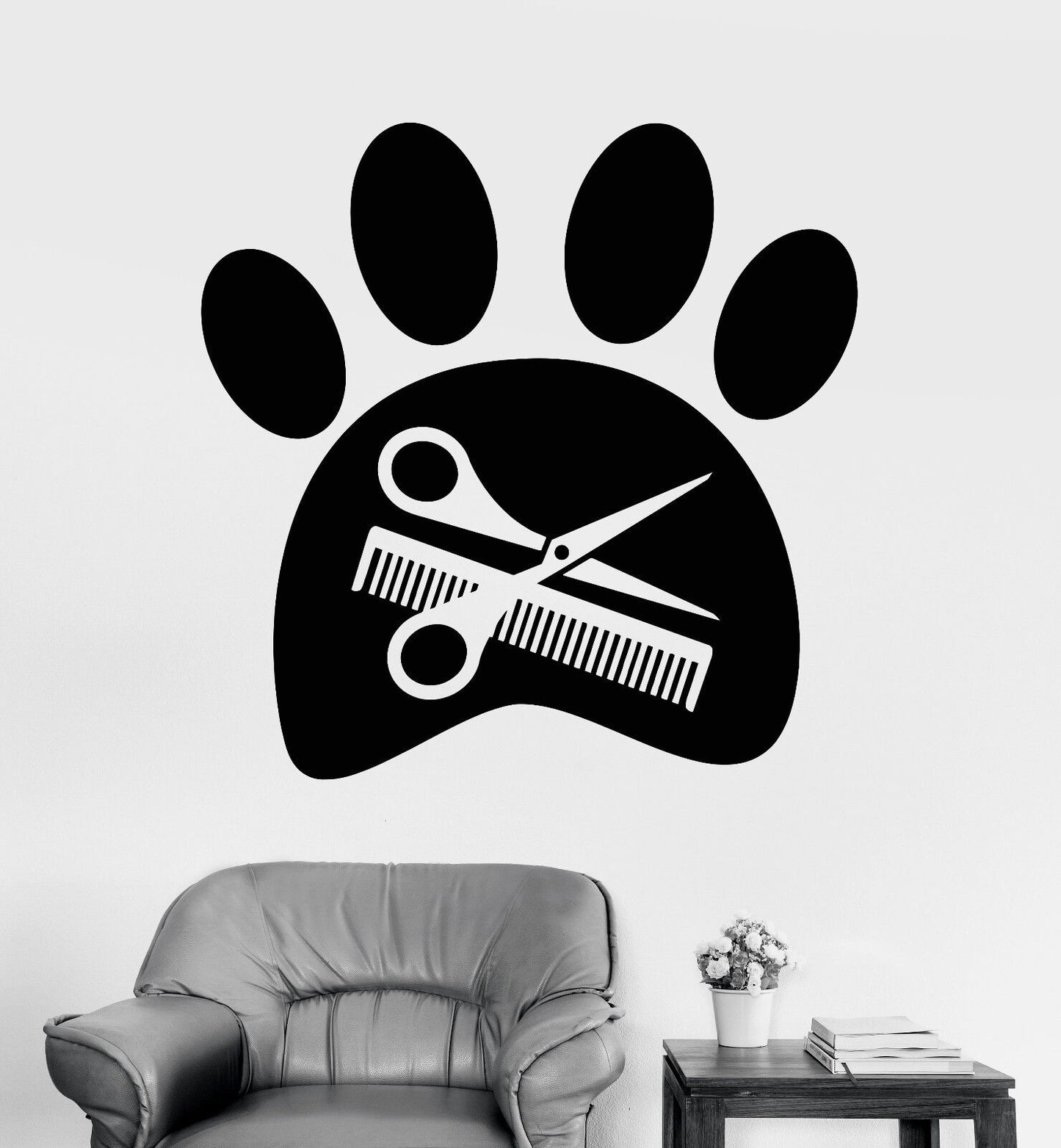 Vinyl Wall Decal Beauty Salon For Pet Grooming Paw Scissors Stickers (1221ig)