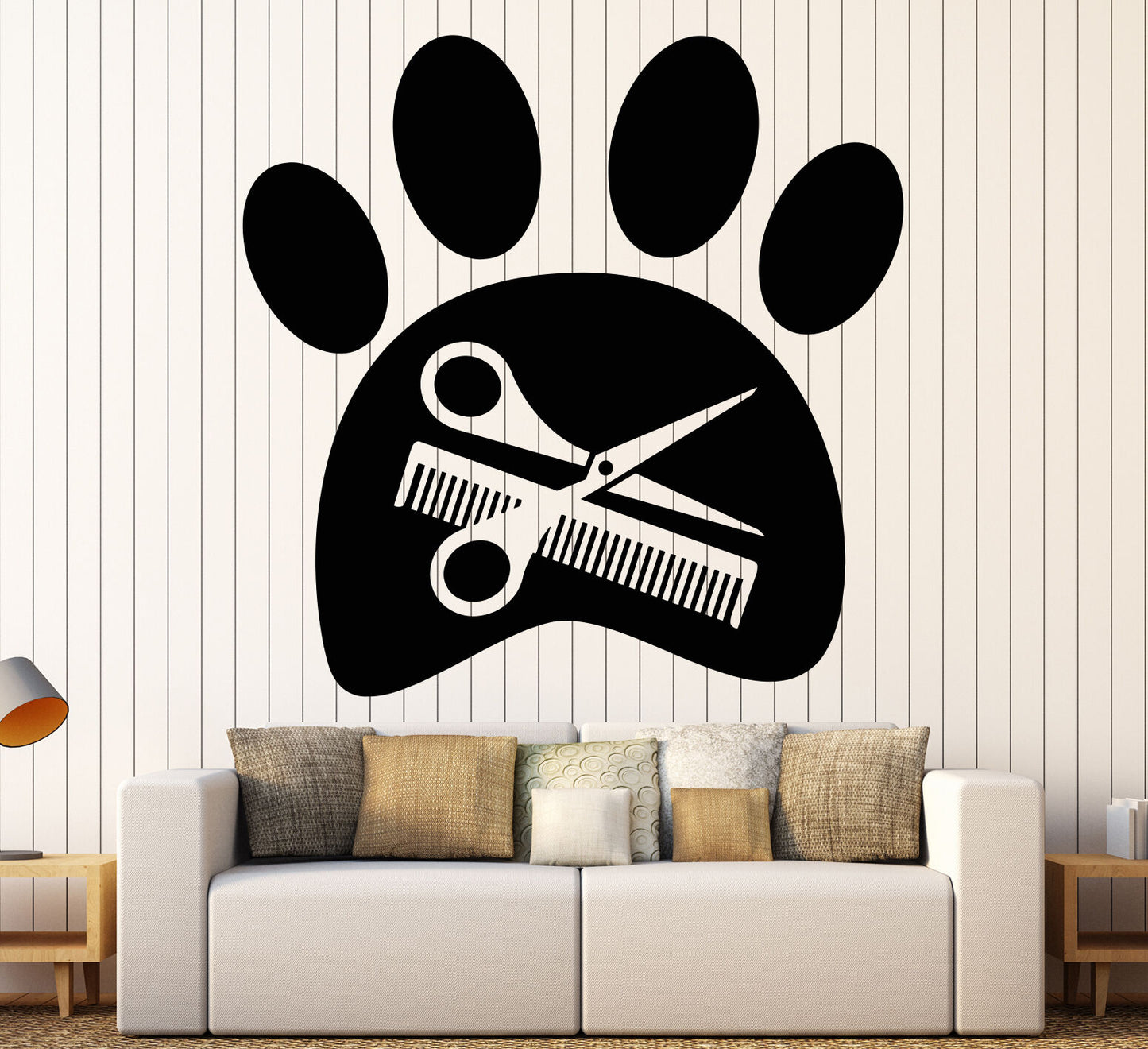 Vinyl Wall Decal Beauty Salon For Pet Grooming Paw Scissors Stickers (1221ig)