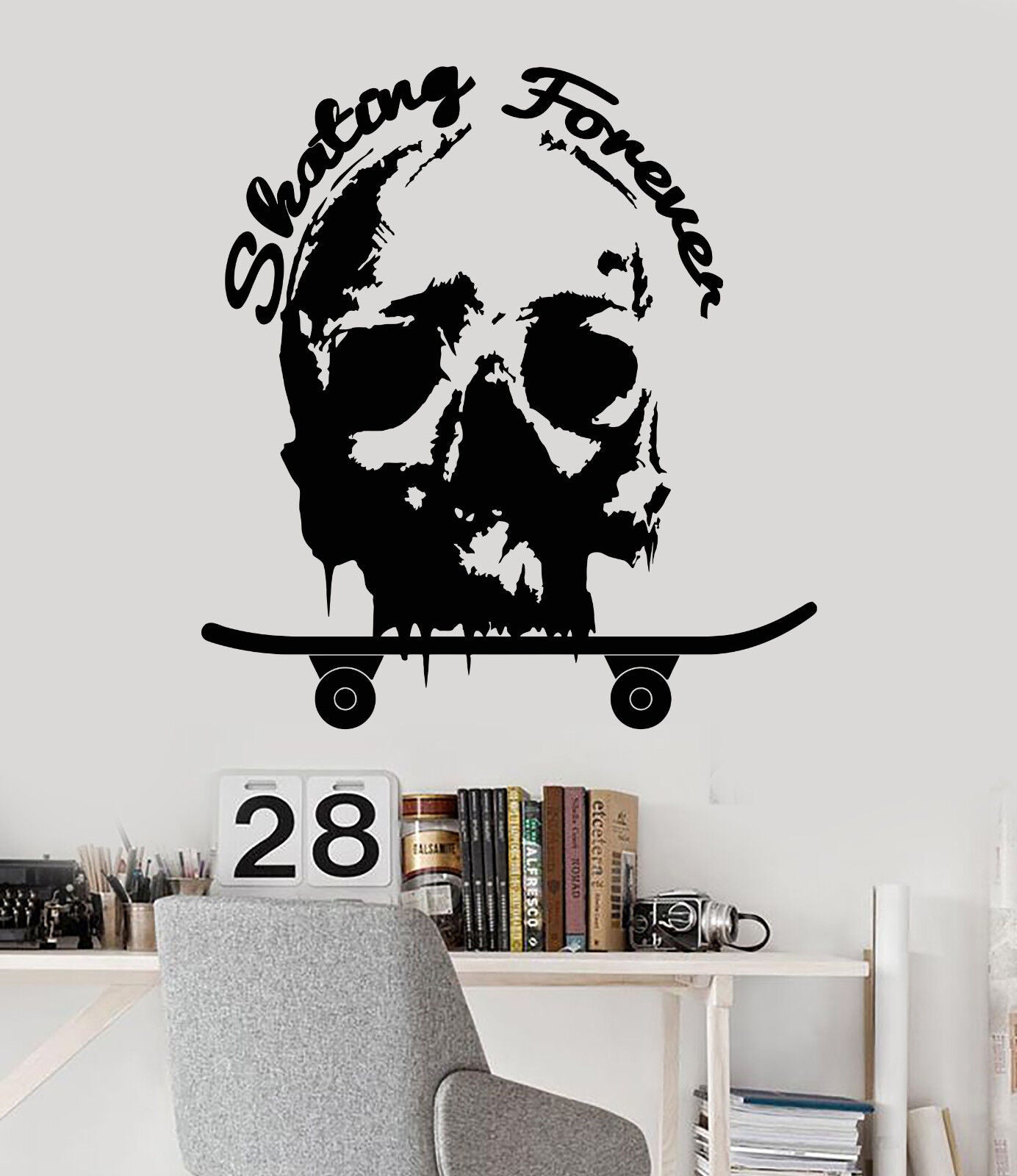 Autocollant mural en vinyle pour skateboard, patineur, crâne, patinage pour toujours (1264ig)