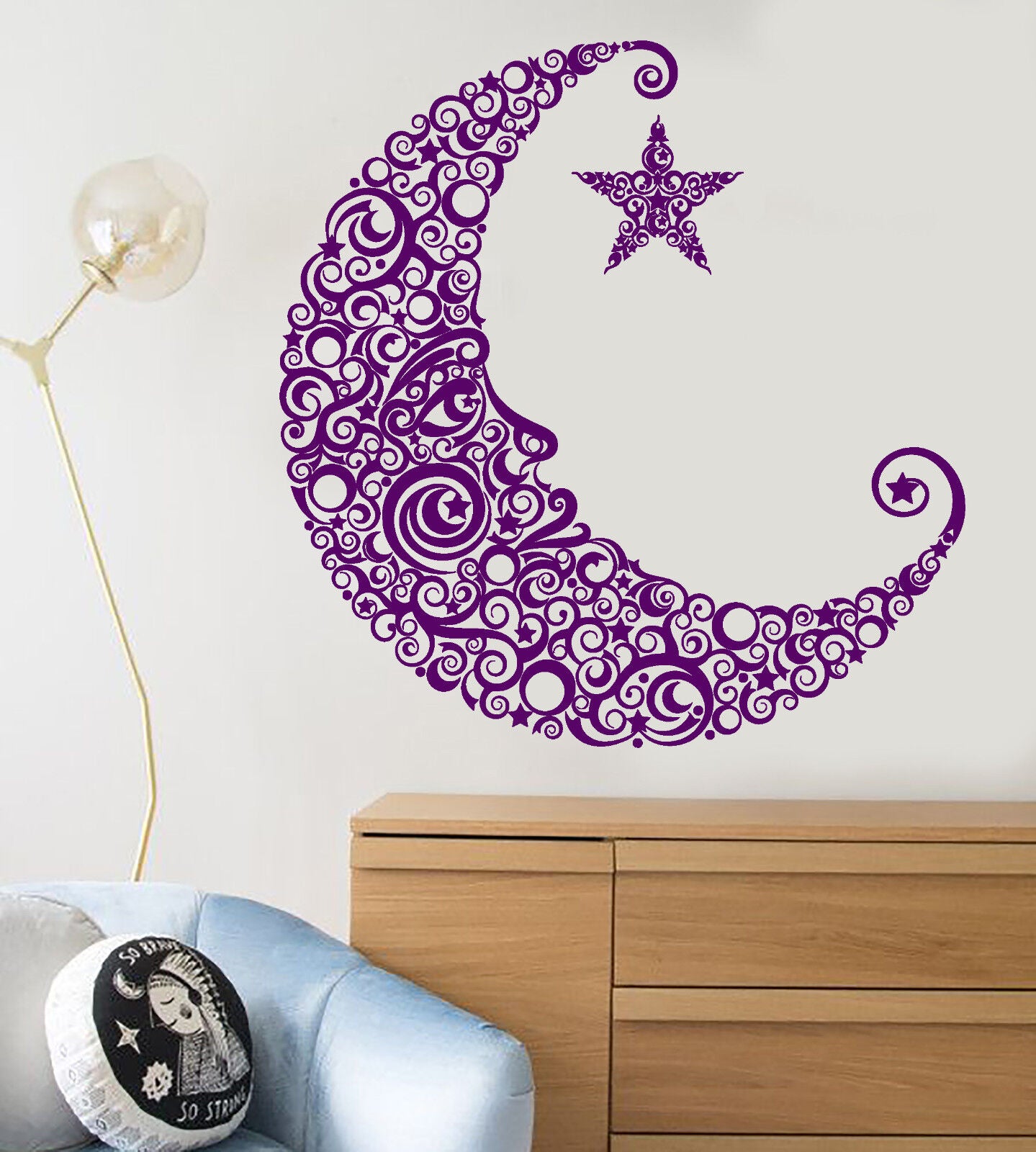 Autocollant mural en vinyle, visage de lune, étoile, décor artistique, autocollants pour chambre d'enfants (1271ig)