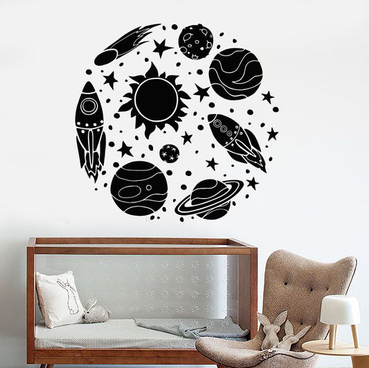 Vinyl Wall Decal Rocket Astronaut Cartoon Sun Space Planets Stickers (1327ig)