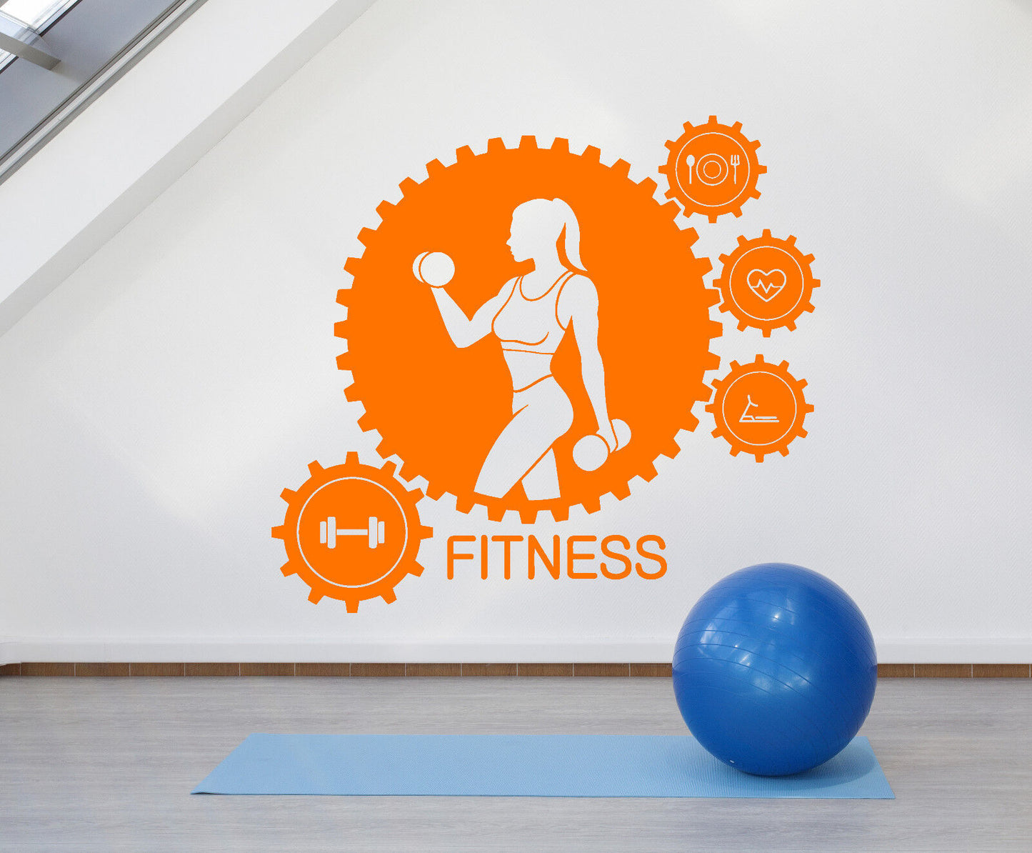 Wandaufkleber aus Vinyl, Motiv: „Fitnessclub-Trainer“, Fitnessstudio, Zahnräder, Sport, Mädchen (1348ig)