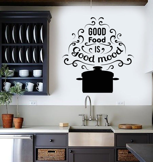 Vinyl Wall Decal Words Pan Good Food Mood Quote For Kitchen Stickers (1356ig)